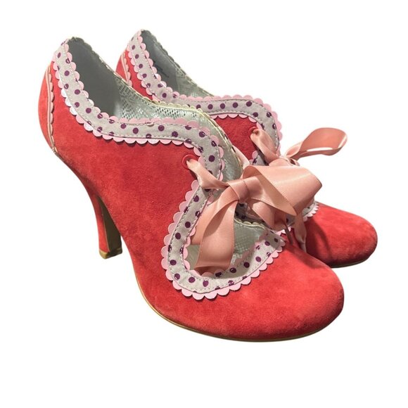 Poetic License Shoes - Poetic Licence London Lace Trim Red Suede Heels Pink-Bow Art Size EU 38 / US 7